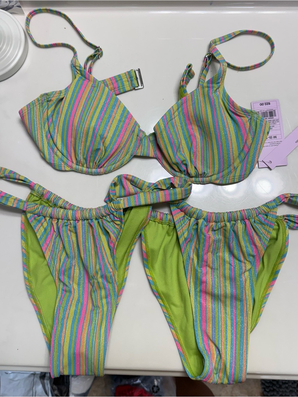 Neon Stripe Shimmery Bikini Set - Green, Pink, Blue, Yellow